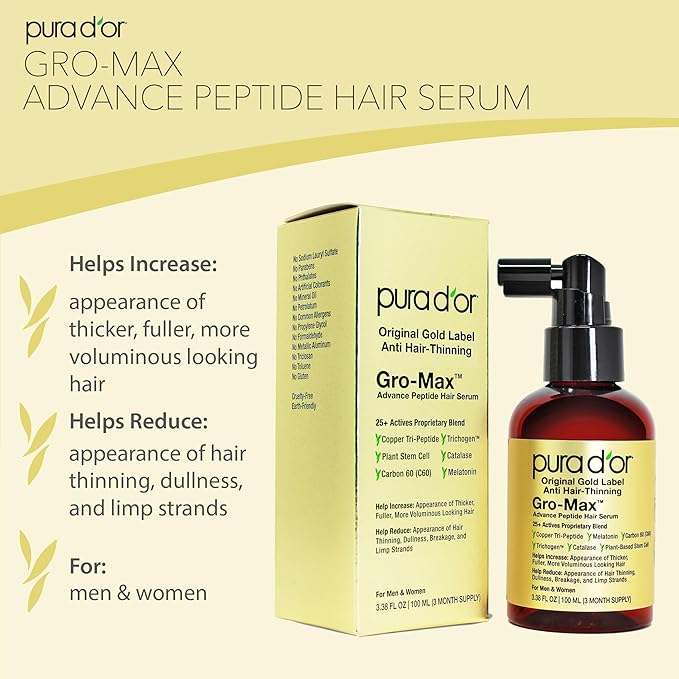 PURA D'OR 3.38 Oz Gro-Max Advanced Peptide Hair Serum (NEW FORMULA) Plant Stem Cell, Catalase, Copper Tri-Peptide, C60, Biotin, Melatonin, Trichogen, Caffeine, Rosemary - Stronger, Thicker Hair