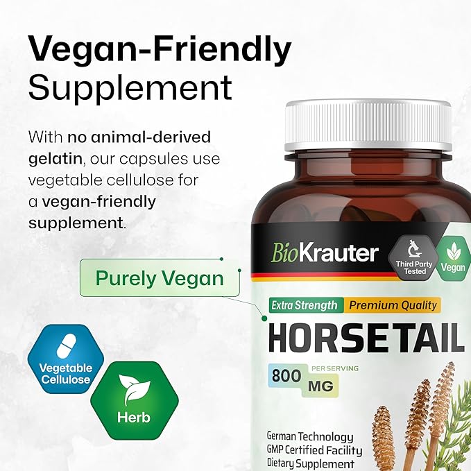 BIO KRAUTER Horsetail Herb Capsules - 800 mg Strength - 100 Count - Horsetail Powder Capsules - Hair Support