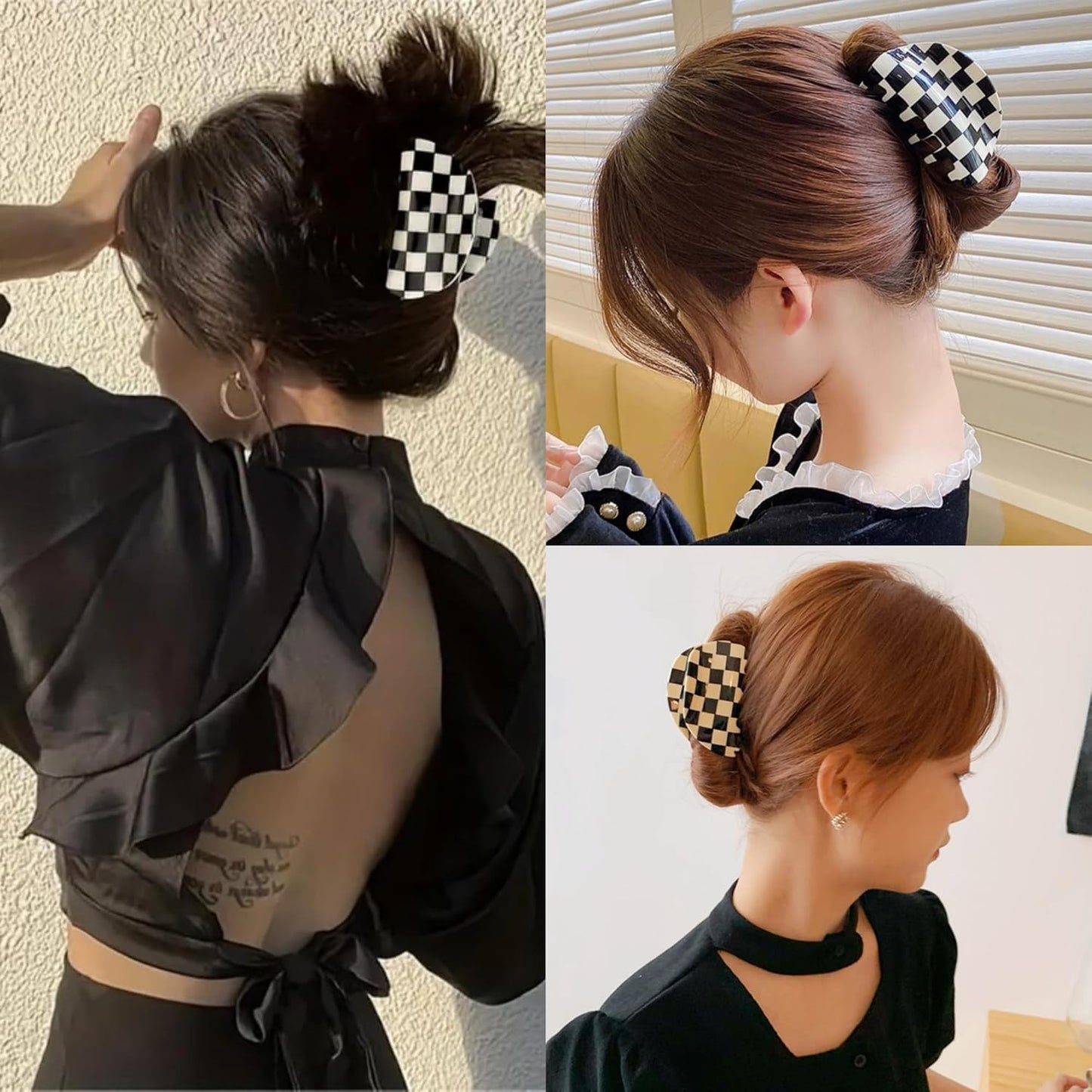 Checkered Hair Claw Clips, Acrylic Multicolored Semicircle Checker Barrettes for Women Ladies Medium Cute Non Slip Hair Jaw Clips Strong Hold Claw Clamps Hair Accessories for Thin Thick Hair (4 Pack)