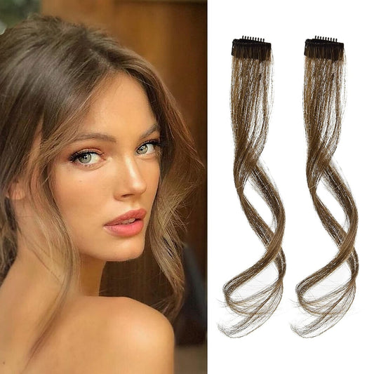 REECHO Long Side Air Bangs, Wavy Curly Clip in Bangs Front Side Bangs for Women Daily Use 2 PCS Set Long Temples-Light Brown