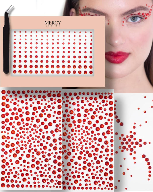 MERCY LONDON Face Gems in Red, 866 Self Adhesive Makeup Face Gem Stickers, 4 Sheets, Reusable Eye Gems, DIY Face Gems