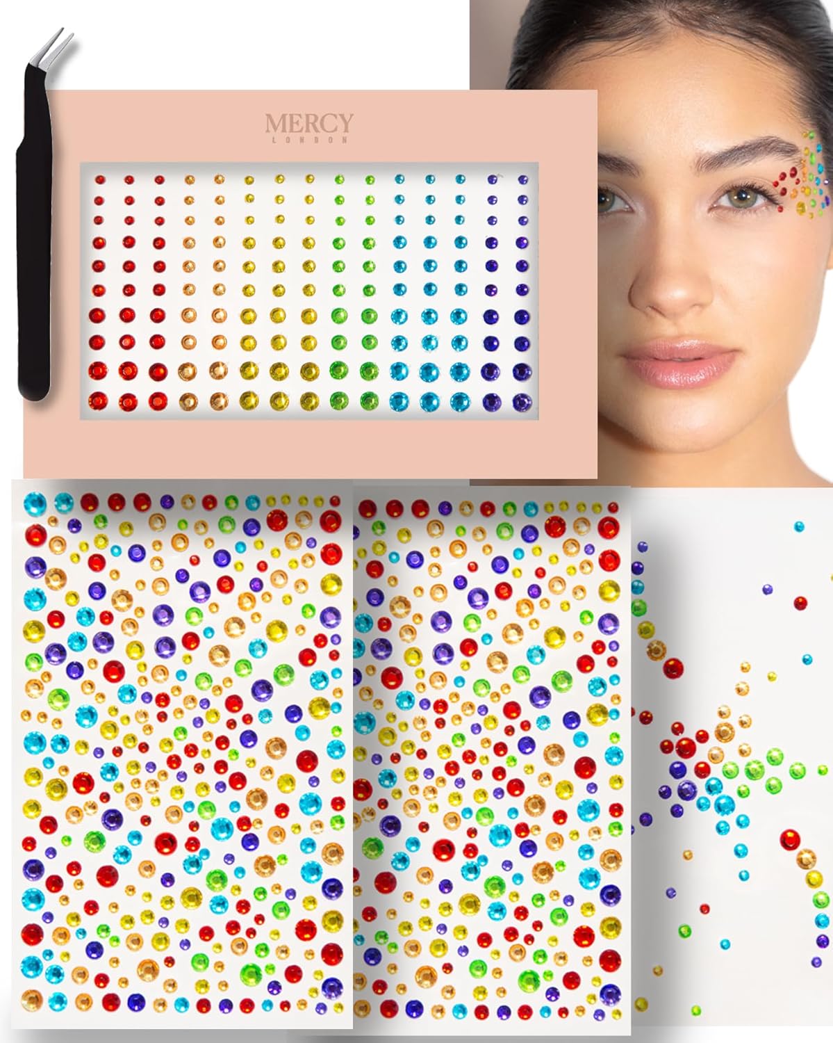 MERCY LONDON Face Gems in Rainbow, 866 Self Adhesive Rhinestone Stickers for Face, Eye, Makeup, Body, DIY Face Gems Love Pride