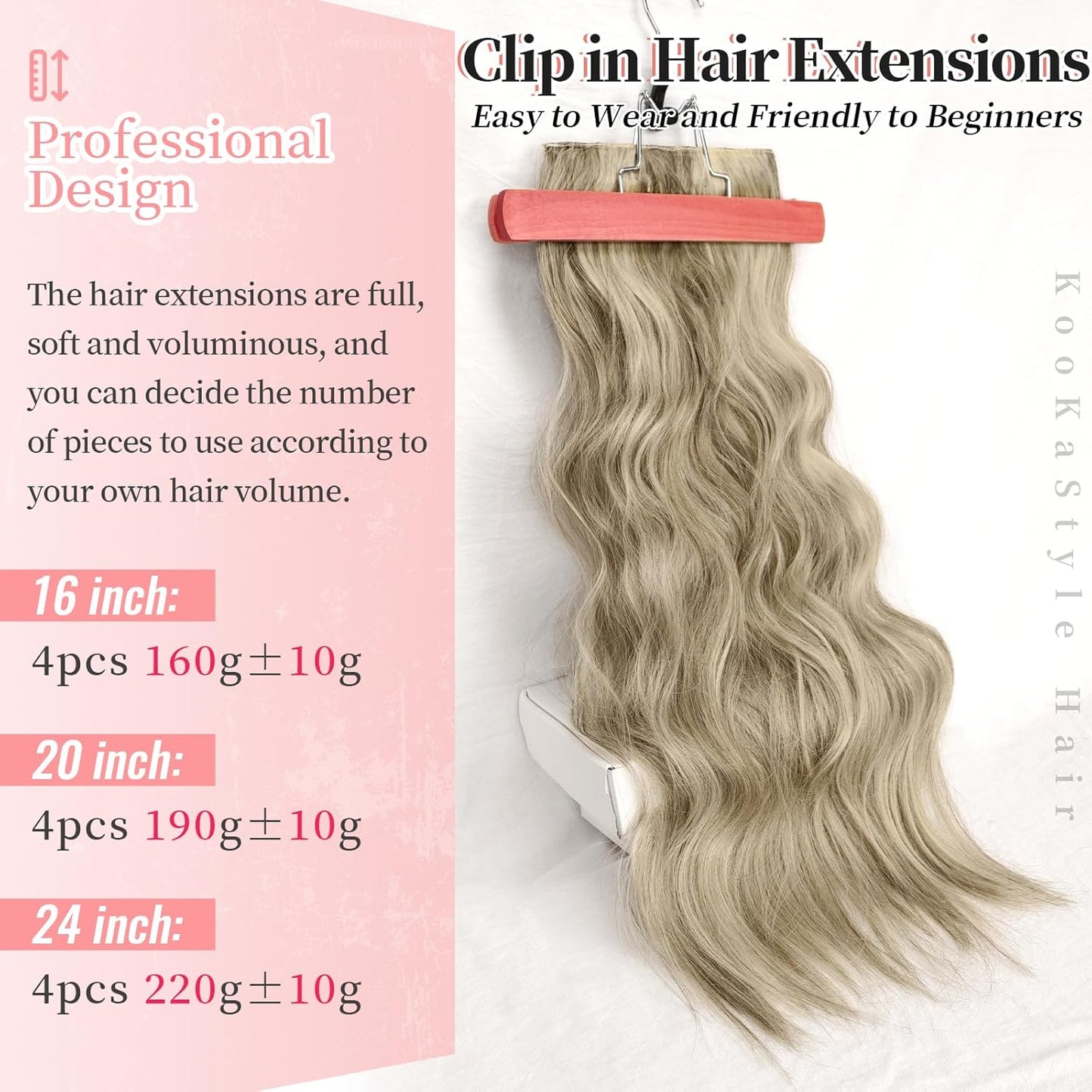 KooKaStyle Clip in Synthetic Highlight Hair Extensions Long Wavy 4PCS Thick Hairpieces Ashy Beige Blonde Balayage Fiber Double Weft Natural Hair Extensions 24 Inch for Women