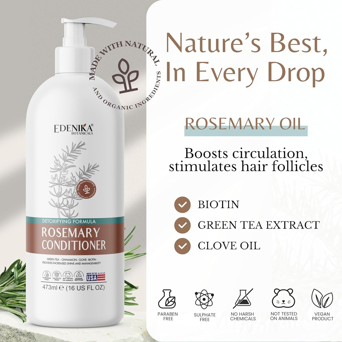 Rosemary Oil Conditioner Treatment with Biotin for Thinning Hair, Anti-Hair Loss, Detangling, Nourishing & Strengthening, Women & Men, Sulfate-Free, Organic, 16 fl oz