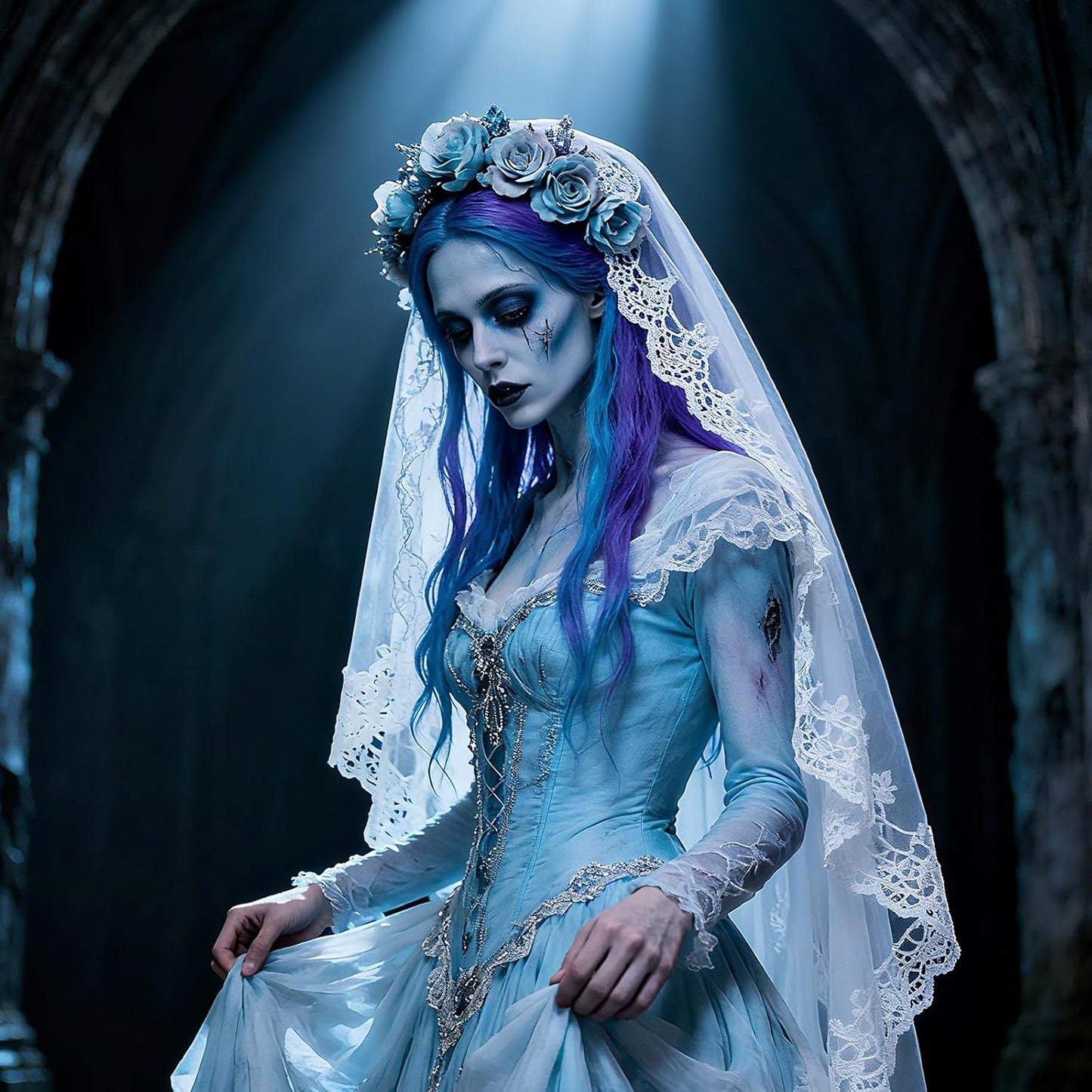 Halloween for Sally& Corpse Bride Makeup Kit, Water-Based Face Paint Set with Blue Face Paint Red Lip Gloss for Avatar Smurf Costume Cosplay, Halloween Cosplay SFX Makeup Set for Party