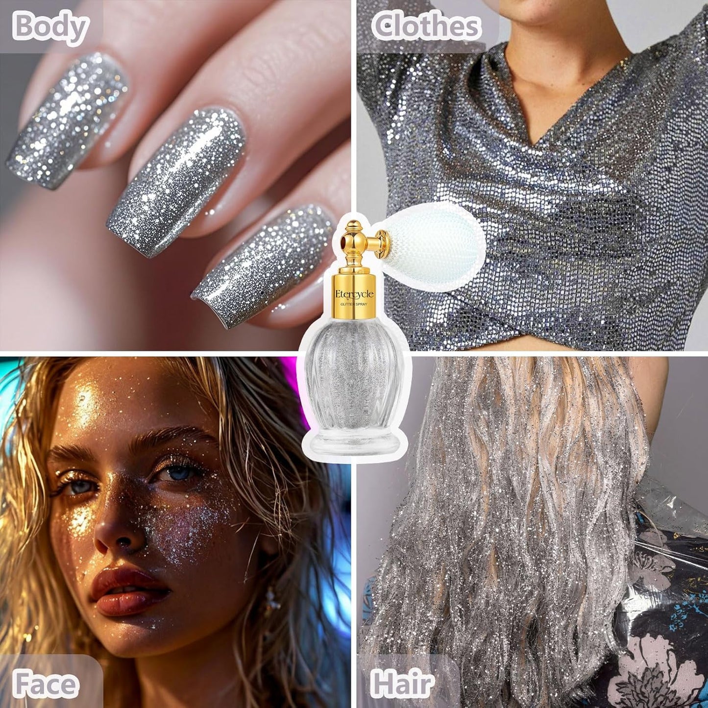 Etercycle Body Glitter Spray, Silver Hair Glitter Shimmer Sparkle Powder, Extra Fine Face Body Shimmer Cosmetic Glitter Makeup for Rave Clothes Nail Art Easter Halloween Crafts