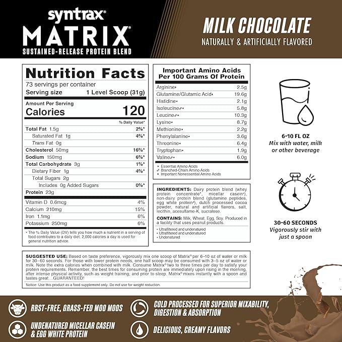 Syntrax Nutrition Matrix Protein Powder, Sustained-Release Protein Blend, Milk Chocolate, 5 lbs