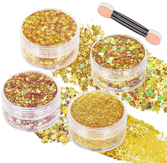 4 Jars Gold Face Glitter,Singer Concert Costume for Women,Sparkle Gold Body Hair Glitter,Rave Music Festival Outfits,Carnival Mardi Gras Makeup Accessories,40g/1.41 oz