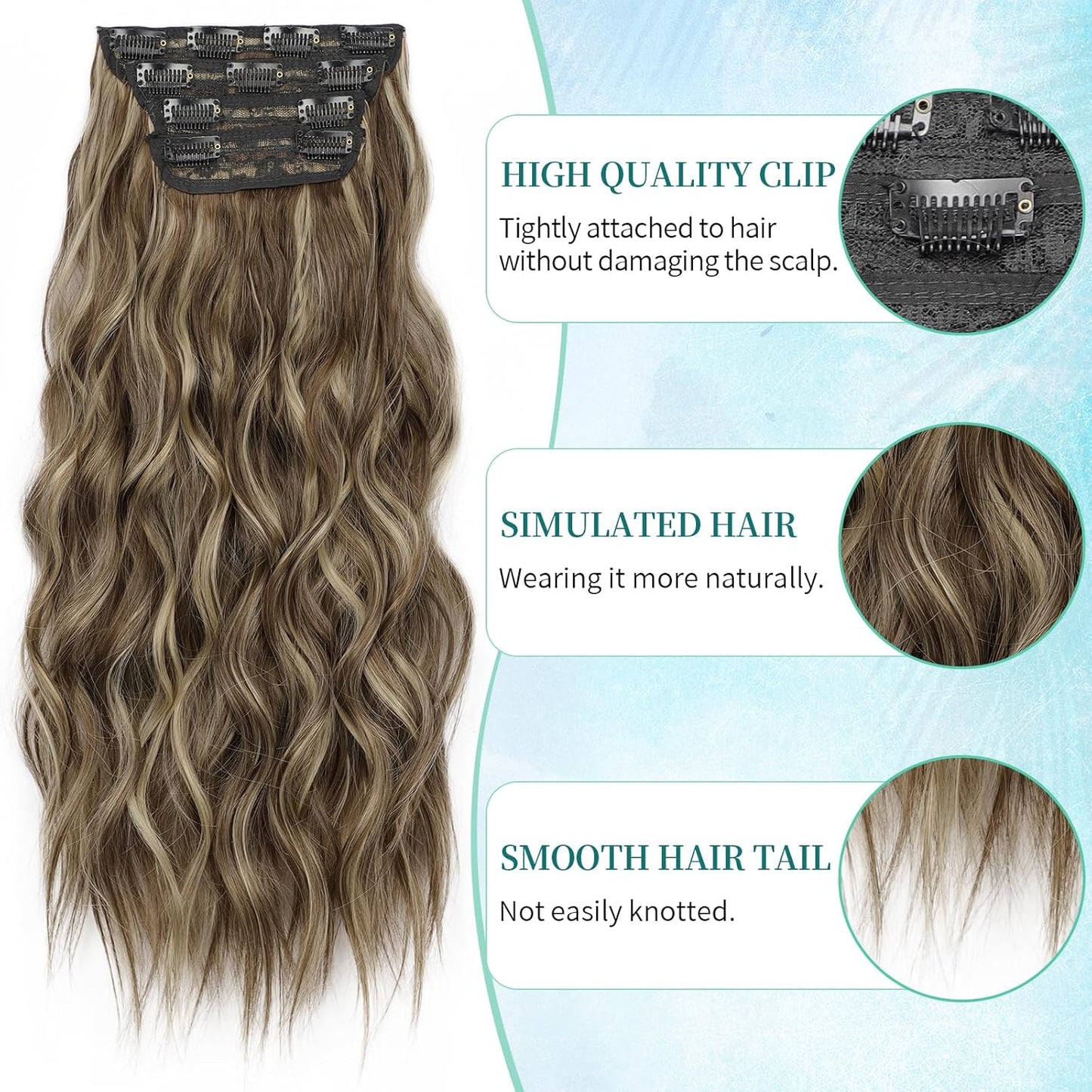 KooKaStyle Hair Extensions Light Brown mix Blonde 626D Clip in Synthetic Highlight Hair Extensions Long Wavy 4PCS Thick Hairpieces 20 Inch for Women