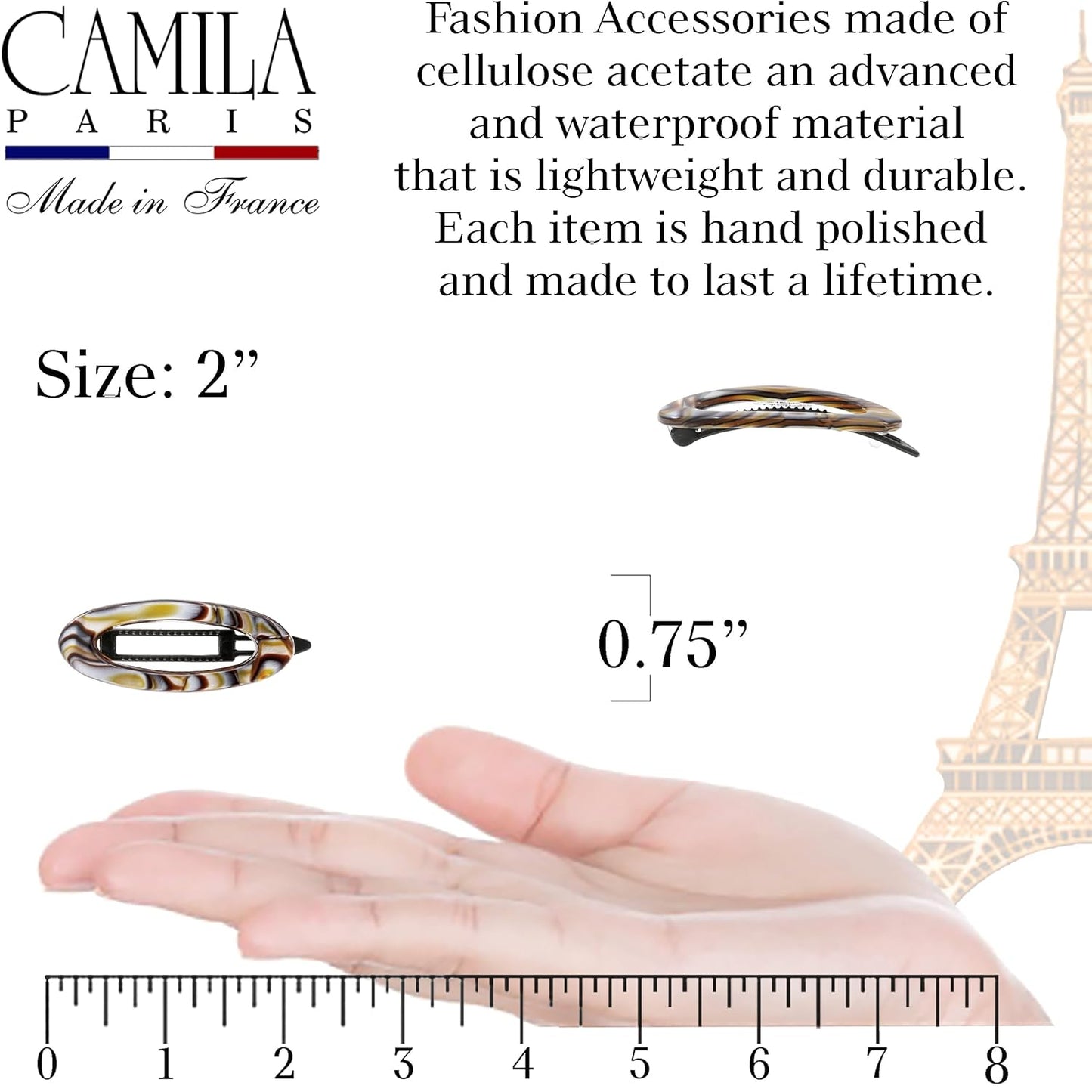 Camila Paris CP3367 French Hair Barrette Clip for Women, Handmade, Onyx, Side Slide-in Metal-Free Closure Strong Hold Grip Hair Clips for Girls, No Slip Durable Hair Accessories, Made in France