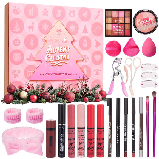 Makeup Advent Calendar 2025 Teen Girls Women, 24 Days Beauty Make Up Advent Calendar with Essential Lips, Eyes & Face Kit, Christmas Xmas Countdown Surprise Makeup Gift Set for Women Teen Girls