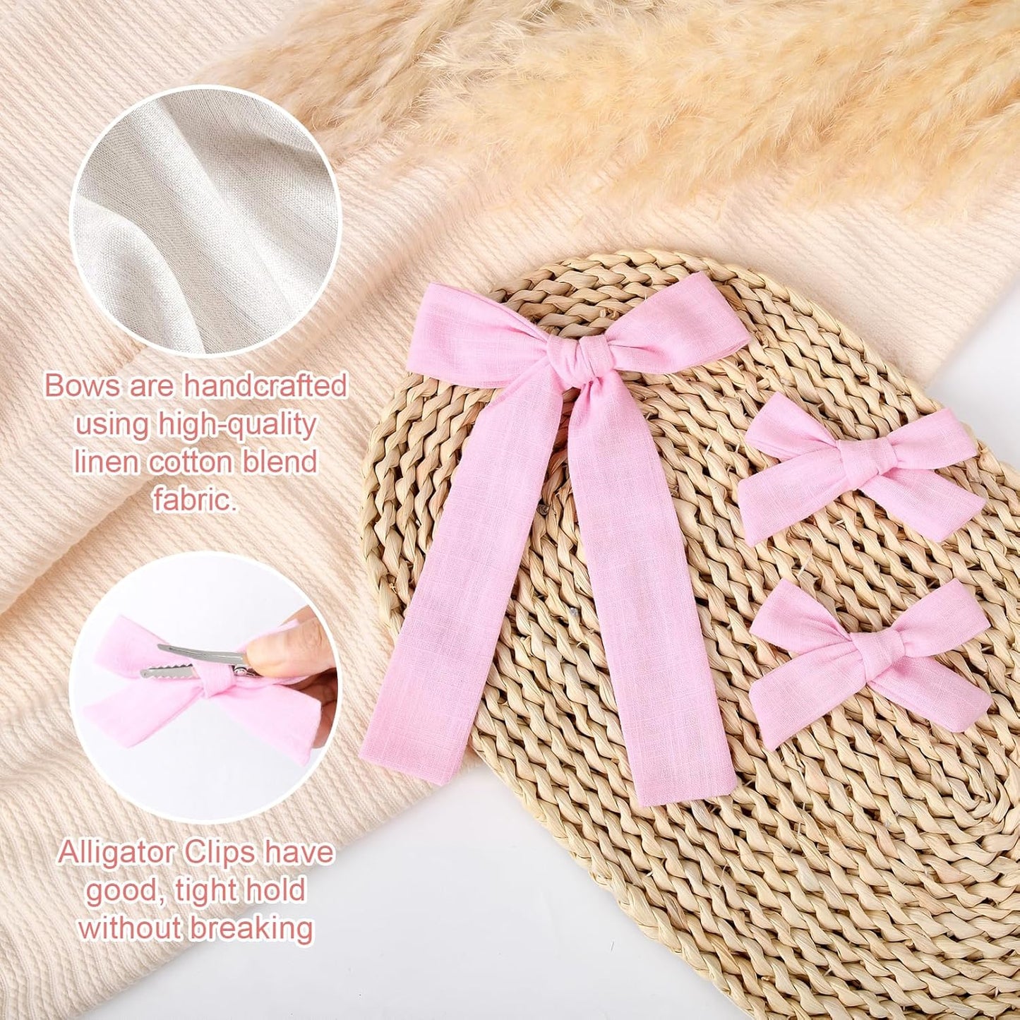 DEEKA Light Pink Cotton Linen Hair Bows 2 Sizes 5"&3.5" Soft Hair Bow set for Toddler Girls Long Ponytail Knot Bows Alligator Clip Hair Accessories for Little School Girls (Light Pink)