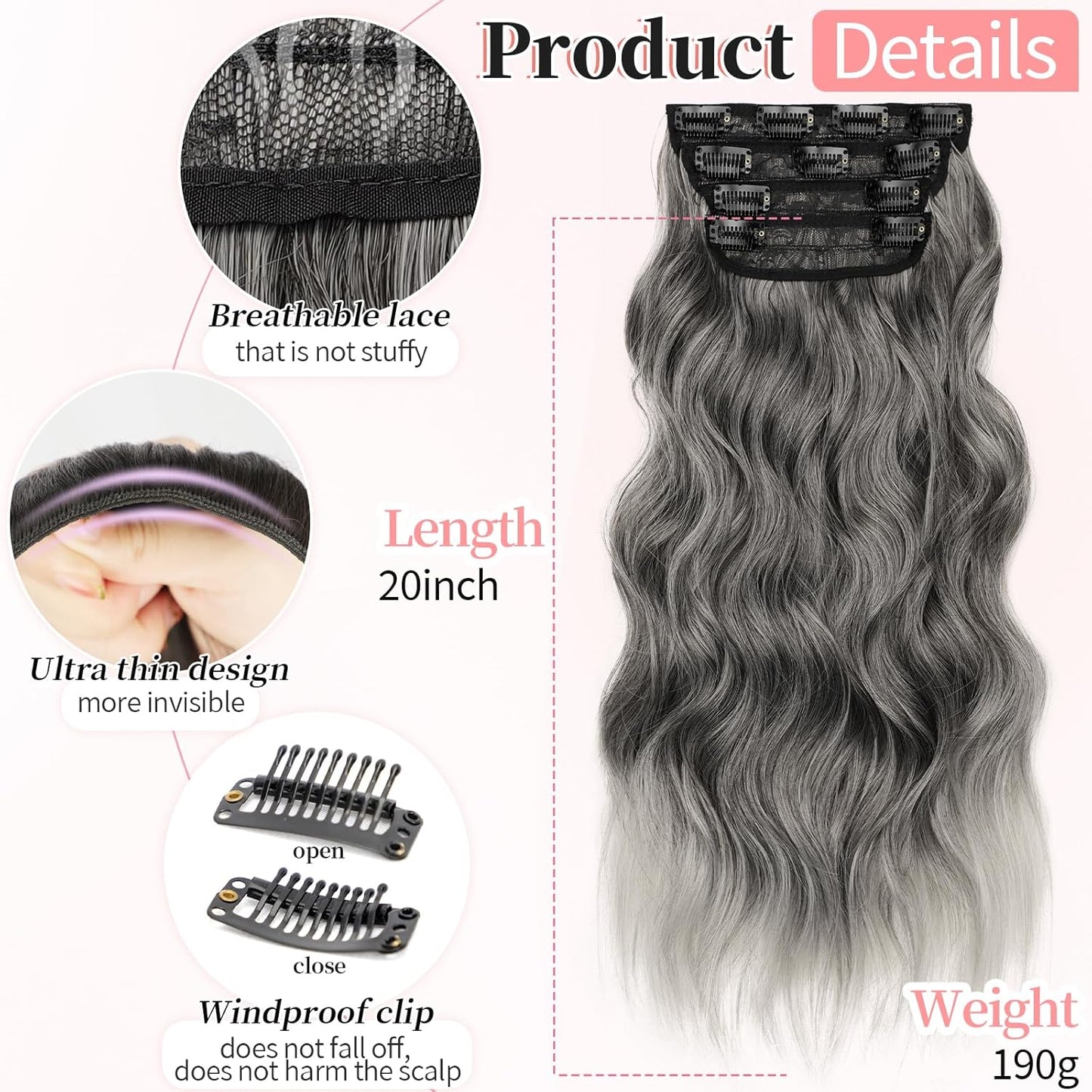 KooKaStyle Clip in Synthetic Hair Extensions Long Wavy 4PCS Thick Hairpieces Grey Sliver Mixed Fiber Double Weft Natural Hair Extensions 20 Inch for Women