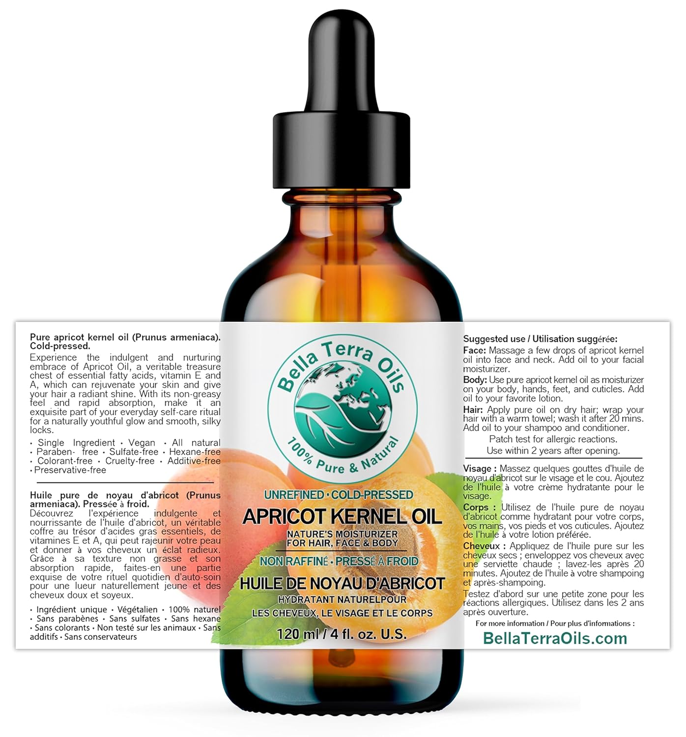 Bella Terra Oils - Organic Apricot Kernel Oil 4 oz - Pure Organic Apricot Essence, Abundant in Linoleic & Oleic Acid, A Luxurious Carrier Oil for Essential Oils