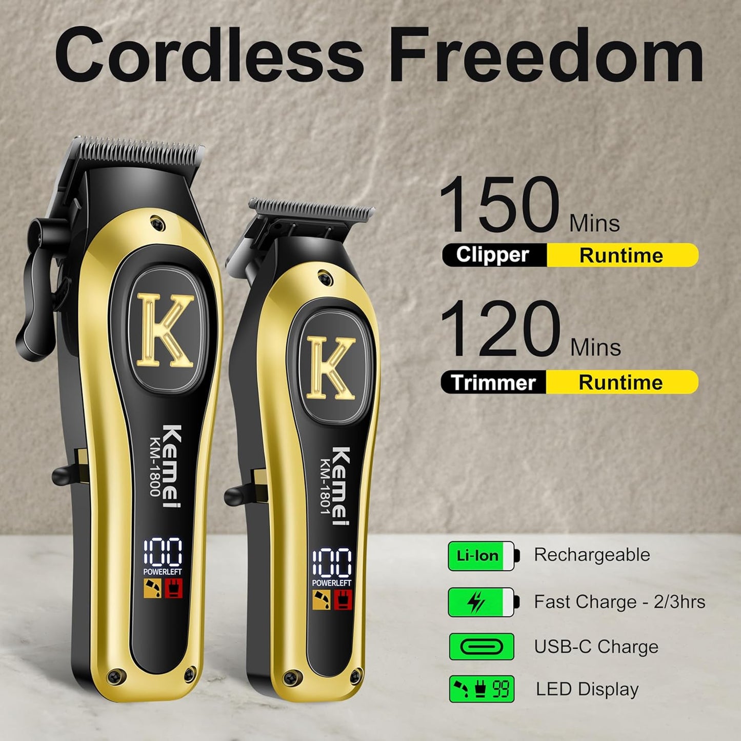 KEMEI Professional Clippers and Trimmers Set, Cordless Hair Clippers Trimmers for Men, Rechargeable Barber Hair Cutting Kit