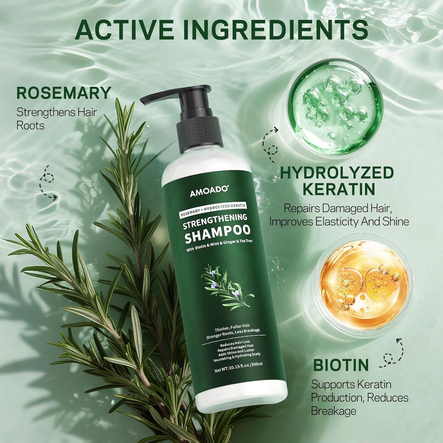 Rosemary & Hydrolyzed Keratin Hair Growth Shampoo, Organic Natural Shampoo for Thinning hair & Hair Loss with Biotin Mint Ginger Tea Tree, Paraben and Sulfate Free 10.15 fl. oz