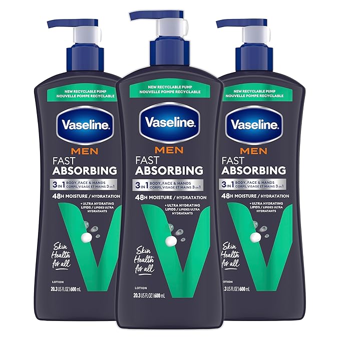 Vaseline Men's Healing Moisture Hand & Body Lotion For Dry or Cracked Skin Fast Absorbing Non-Greasy Lotion for Men 20.3 oz, Pack of 3