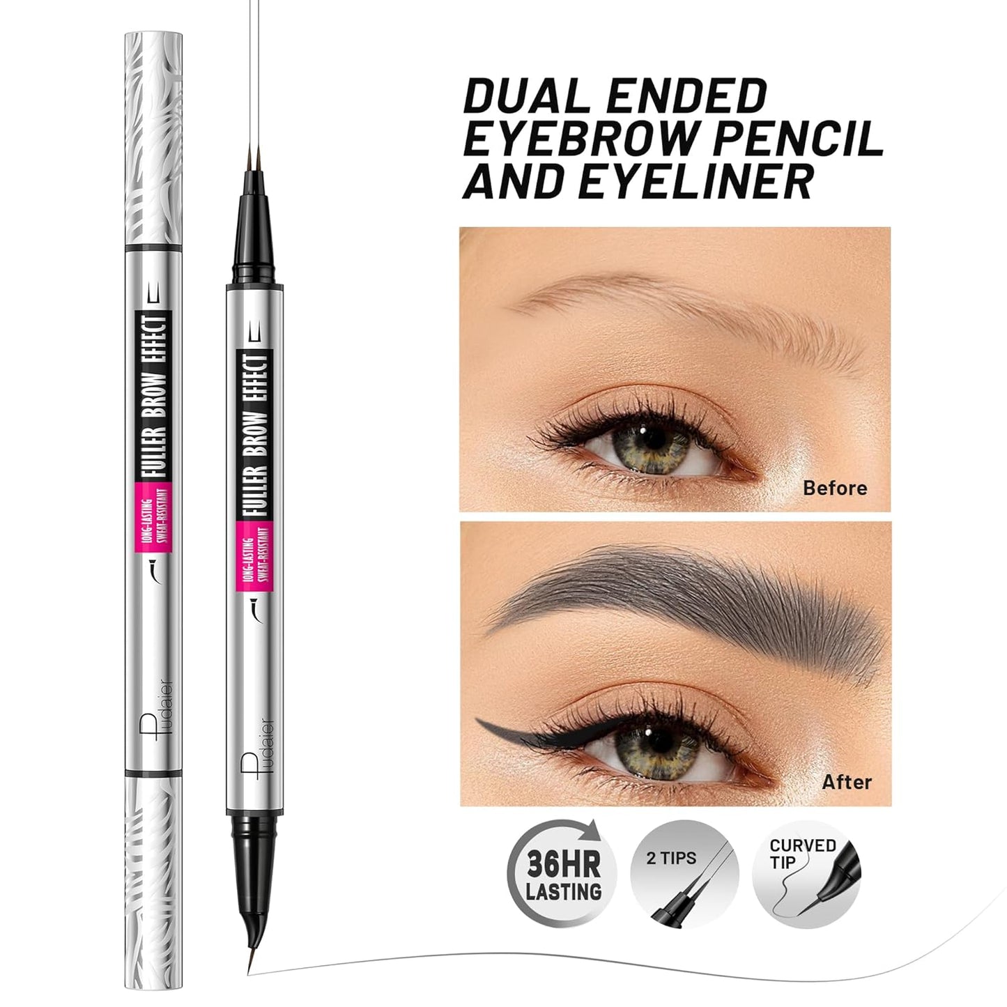 Pudaier 2 Pack 2 Fine Tip Eyebrow Pen, Waterproof Filling Faux Brow Makeup Pencils for Women with Precise Curved Brush-Tip to Fast Create Natural Hair-Like Brows, Last All-Day (Charcoal Grey)