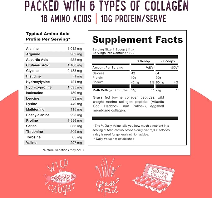 Multi Collagen Protein Powder Value Pack (100 Servings) - Unflavored & Hydrolyzed with 6 Types (1, 2, 3, 4, 5 & 10) - Pure Collagen Peptides for Women - Grass Fed Beef, Wild Fish & USA Eggshell