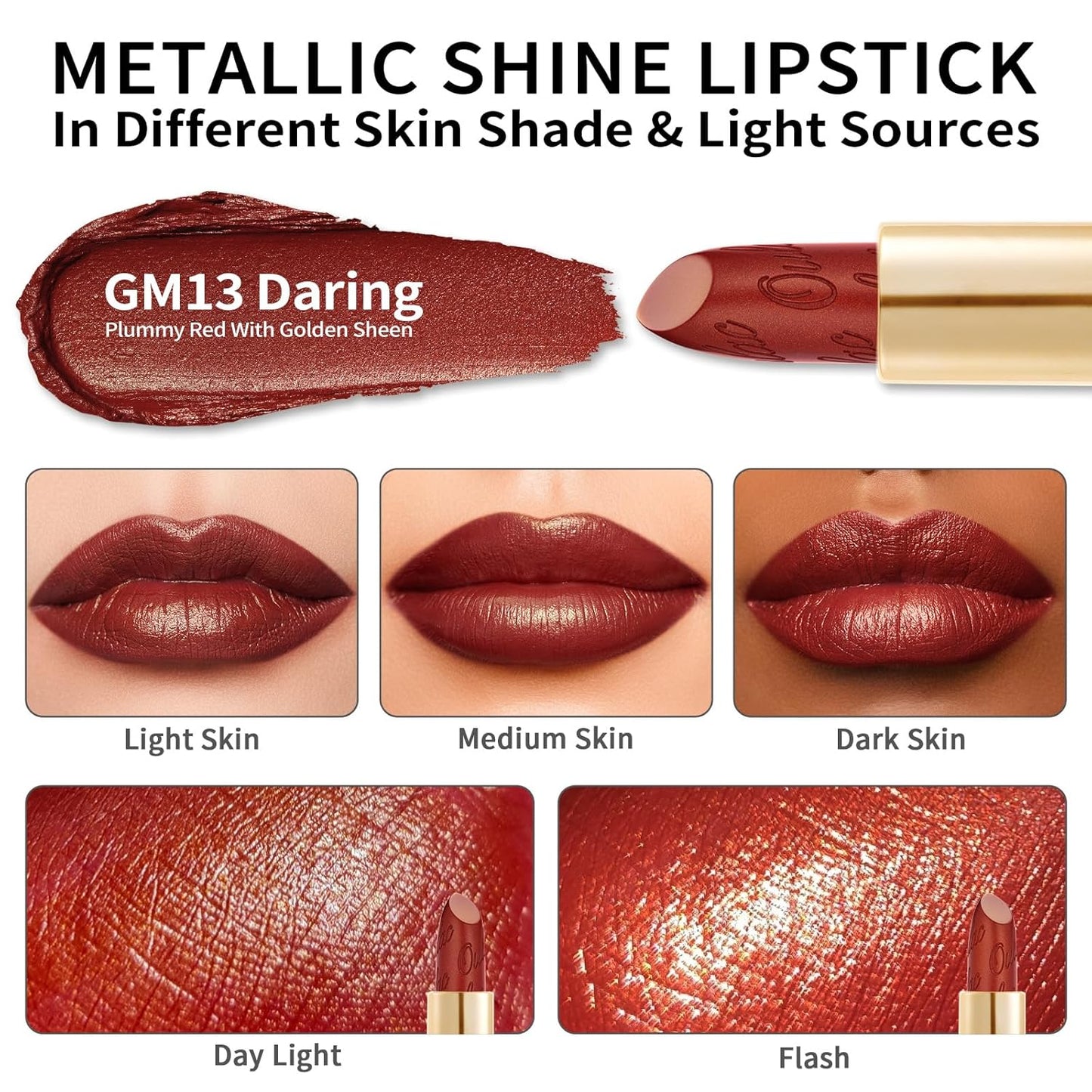 Oulac Matte Plummy Red Lipstick with Glow Metallic Finish - Vegan Lipstick for Women, Creamy Texture, Hydrating Clean Beauty Formula, High-End Magnetic Hook Design, GM13 Daring