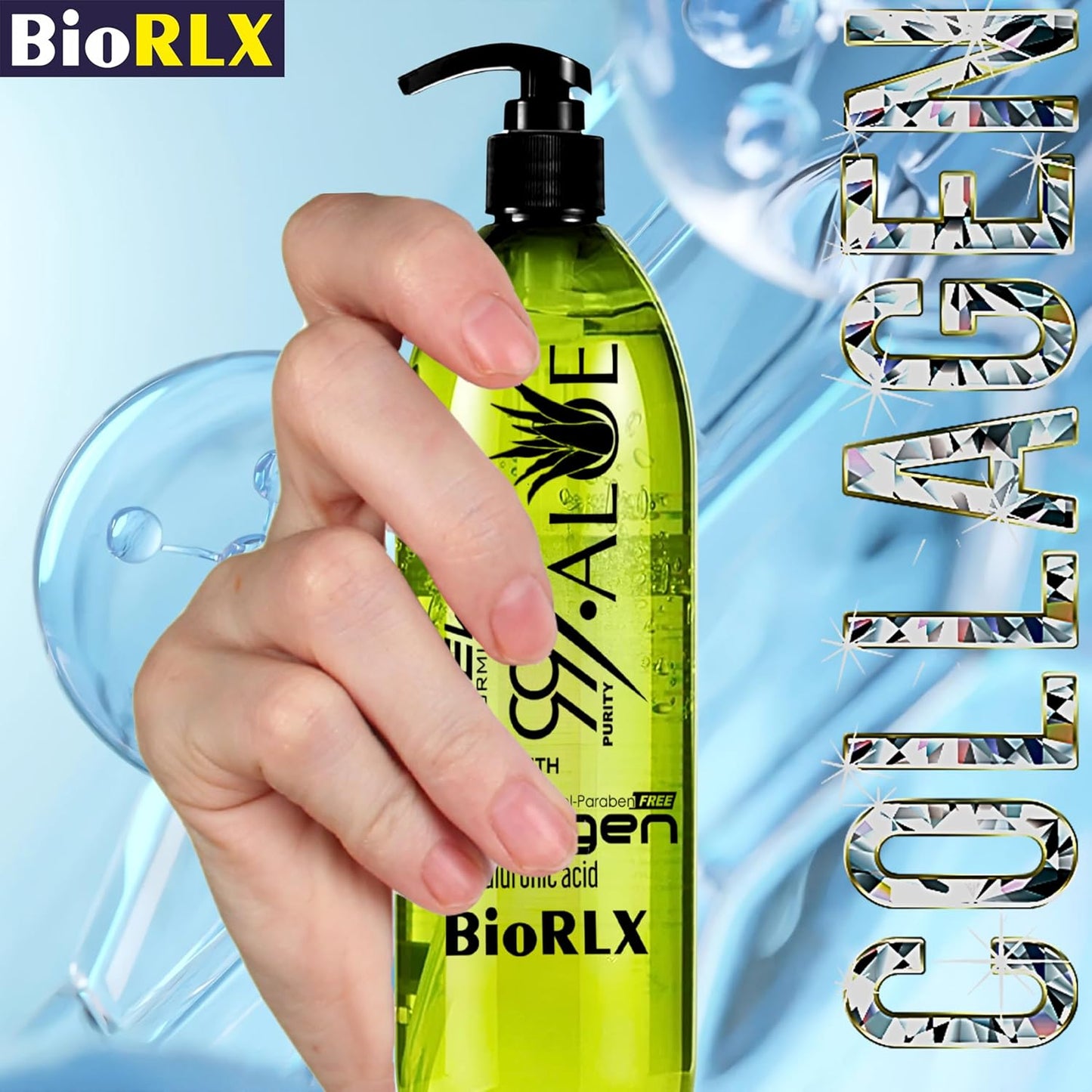 BioRLX 99% Aloe Vera Gel with Collagen and Hyaluronic Acid 250 Ml 8.5 Fl Oz - For Face Body, Hair & Scalp, After Sun Relief, Natural, Soothing, Hydrating