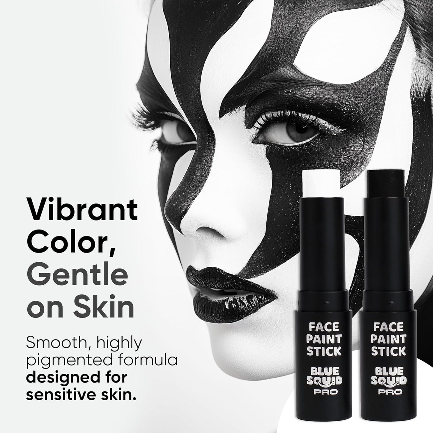 Blue Squid PRO Black and White Face Paint Stick - Waterproof Body Paint For Adults & Kids Eye Black Baseball, Eyeblack Softball -Hypoallergenic Twist-Up Non-Toxic Makeup Stick - Cosplay, Sports & SFX