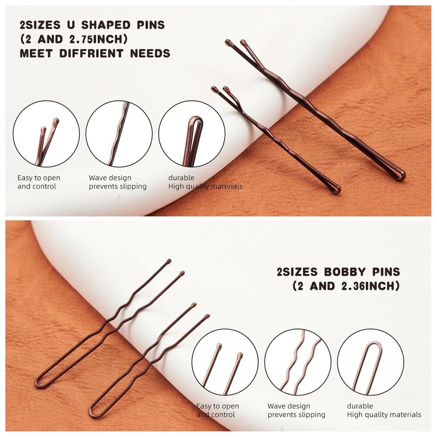 400 PCS Bobby Pins Hair Pins Kit - 100 Brown, 100 U Shape, 200 Hair Bands for Women Girls, Non-Slip Metal Pins, Strong Hold Hair Accessories for Daily Styling and Updos