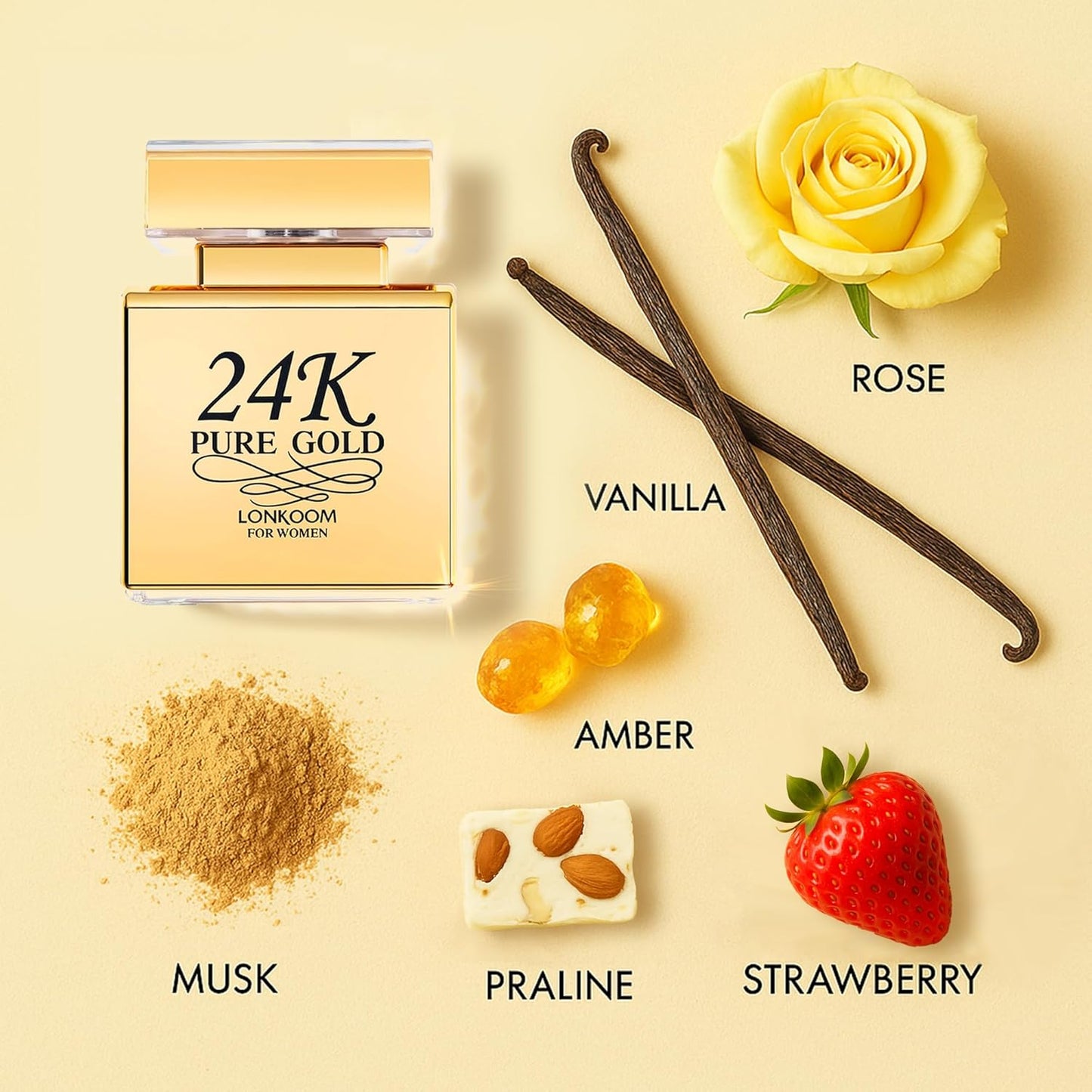Lonkoom 24K Pure Gold Perfume for Women, Sweet Vanilla Perfumes Long Lasting Fragrance Eau de Parfum Praline Amber Fruity Strawberry Rose Musk Chocolate Notes, 3.4 Fl Oz