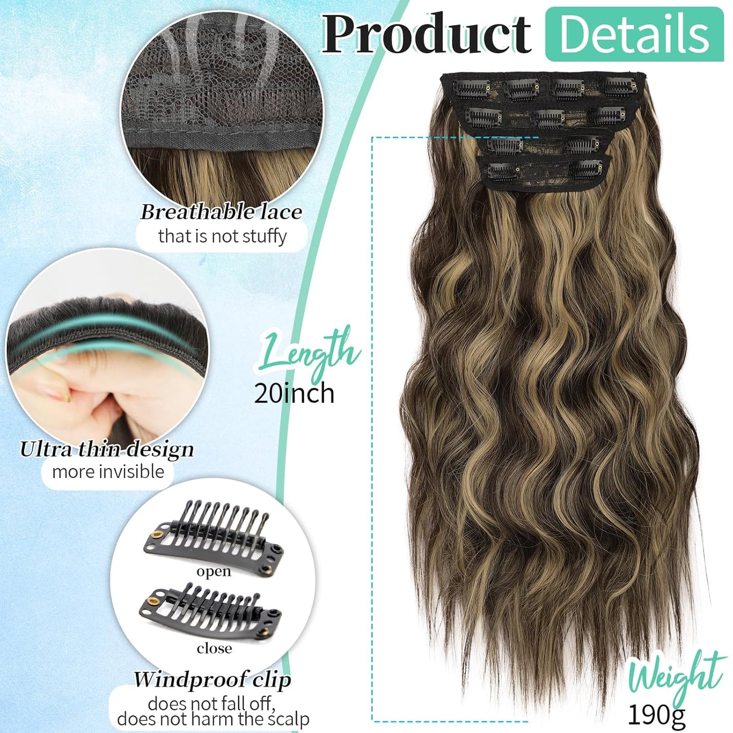 KooKaStyle Clip in Synthetic Hair Extensions Long Wavy 4PCS Thick Hairpieces Brown mix Sandy Blonde F6/18 Fiber Double Weft Natural Hair Extensions 20 Inch for Women