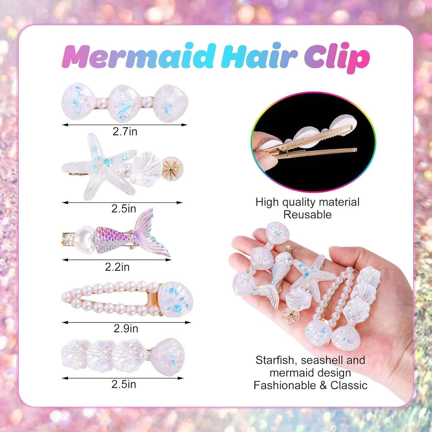 Wehhbtye 7 Pcs Mermaid Hair Clips Face Gems Glitter, Starfish Hair Clip Glitter Stickers and Gel, Mermaid Costume Accessories Set for Women Girl Cosplay Halloween Beach Theme Party Supplies