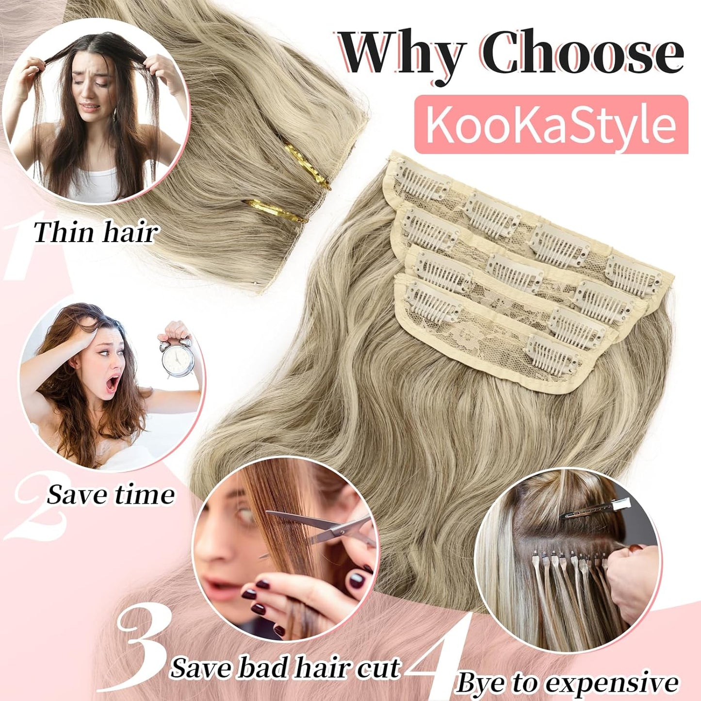 KooKaStyle Clip in Synthetic Highlight Hair Extensions Long Wavy 4PCS Thick Hairpieces Ashy Beige Blonde Balayage Fiber Double Weft Natural Hair Extensions 24 Inch for Women