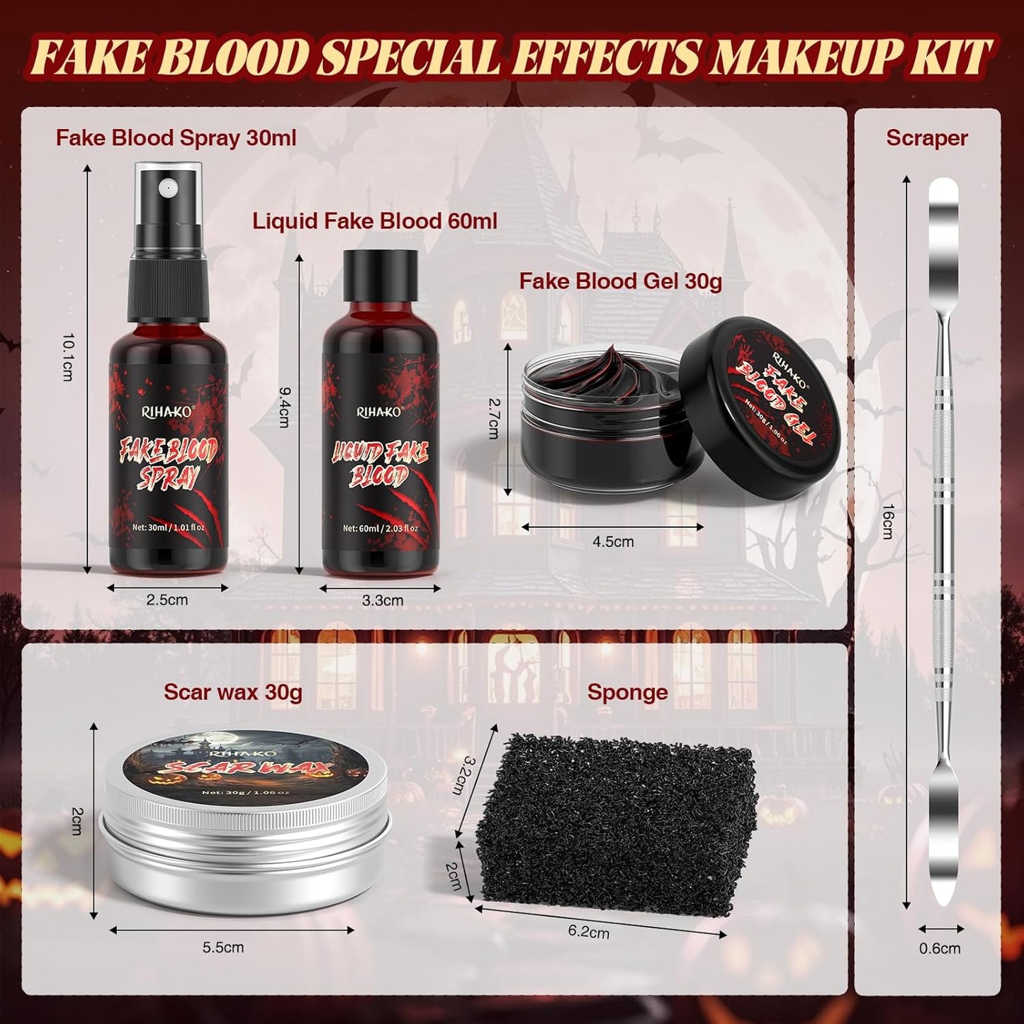 Halloween Fake Blood SFX Makeup Kit – Fake Blood, Scar Wax with Spatula, Blood Spray, Fake Blood Cream & Stipple Sponge – Realistic Wound Modeling & SFX Makeup for Zombie, Vampire & Undead Costumes