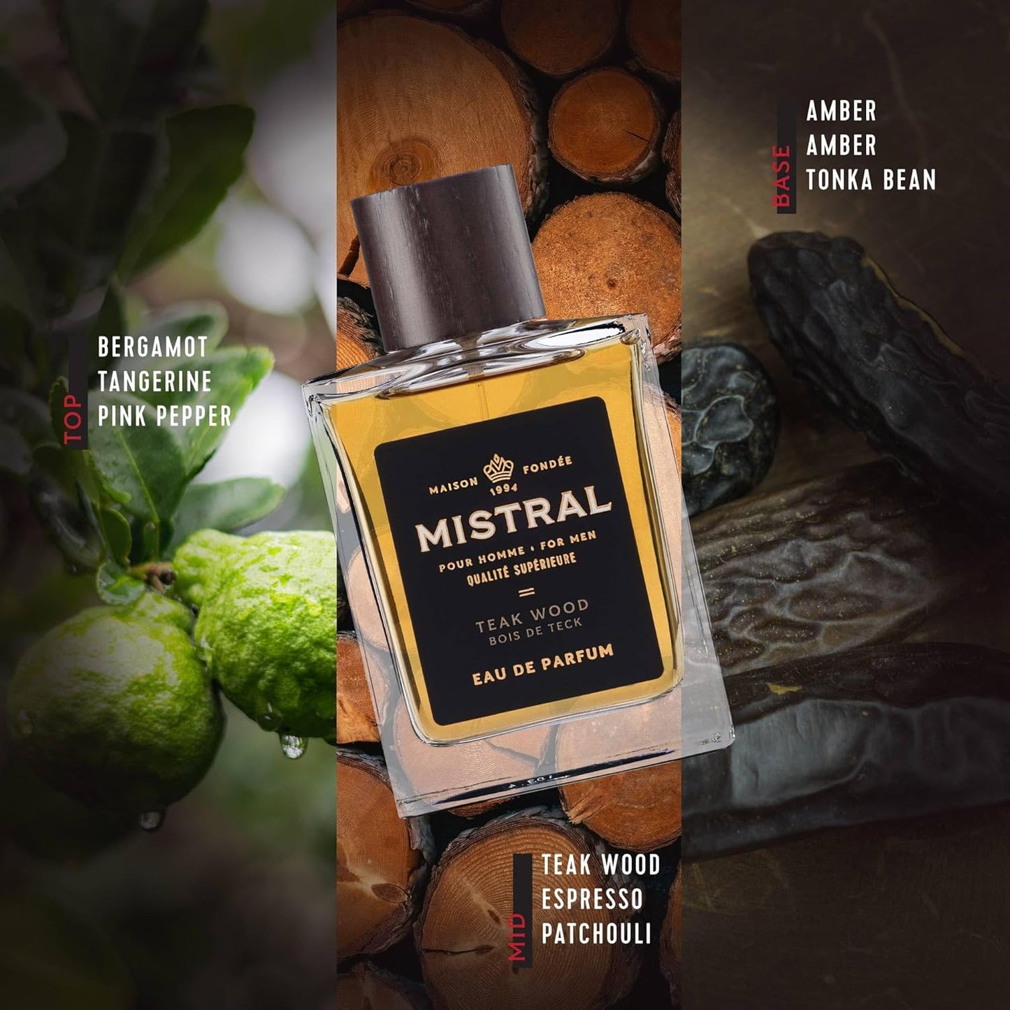 Mistral Men’s Cologne – Teakwood Eau de Parfum | Woody & Earthy Masculine Scent with Citrus, Jasmine, Patchouli & Musks | Cruelty-Free & Long-Lasting Perfume for Men, Made in France - 3.4 Oz
