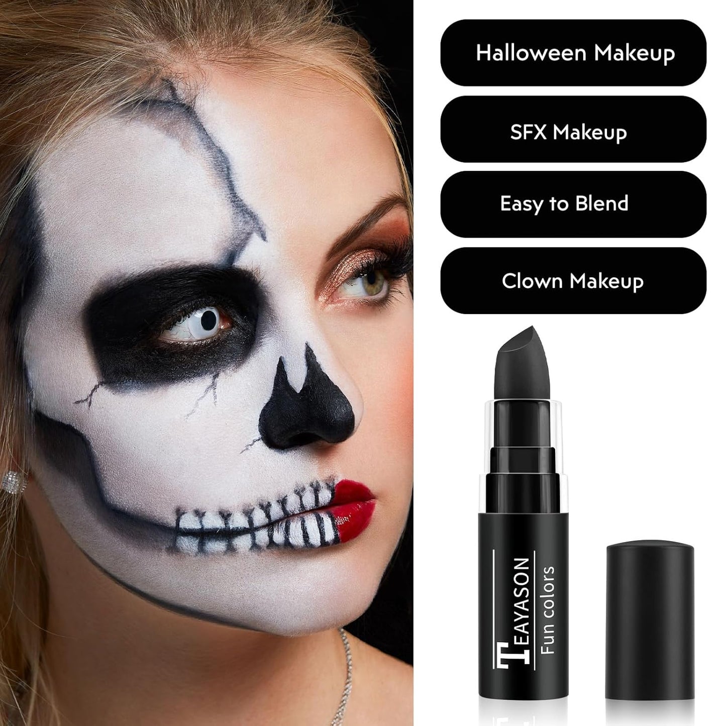 Black Face Body Paint Stick, Matte Lipstick Football Baseball Eye Black Stick Pen, Long Lasting Face Makeup for Halloween Zombie Clown Vampire Skeleton Skull Joker Cosplay Makeup