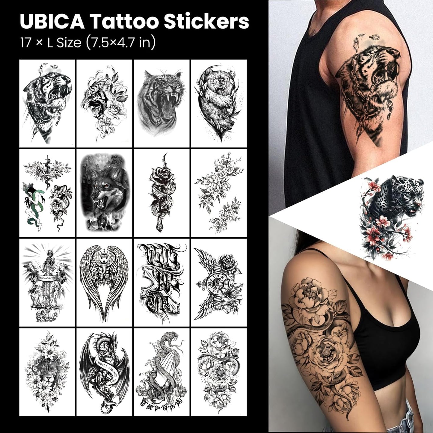 105 Sheets Large Temporary Tattoos For Women Men Adult, Dragon Tiger Wolf Tribal Christian Floral Halloween Fake Tattoo Stickers, Black Realistic Arm, Leg, Hand Body Waterproof Art
