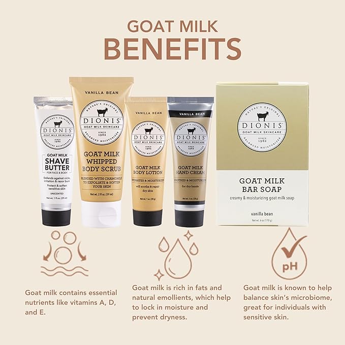 Dionis Goat Milk Skincare Vanilla Bean 6 Piece Self Care Essentials Travel Set - Bar Soap, Shave Butter, Hand Cream, Body Lotion & Whipped Sugar Body Scrub In Resealable Leak Resistant Carrying Case