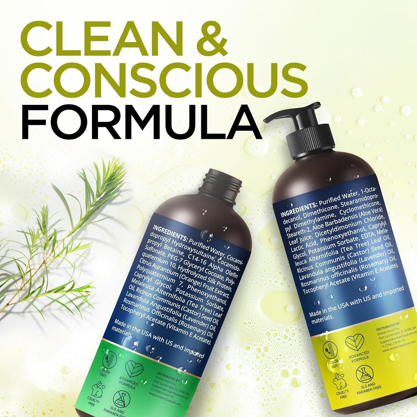 Tea Tree Rosemary Shampoo and Conditioner Set with Castor Oil for All Hair Types - Effective Cleanse and Supports Scalp Health for Women & Men Paraben & Sulfate Free (16 Oz Each)