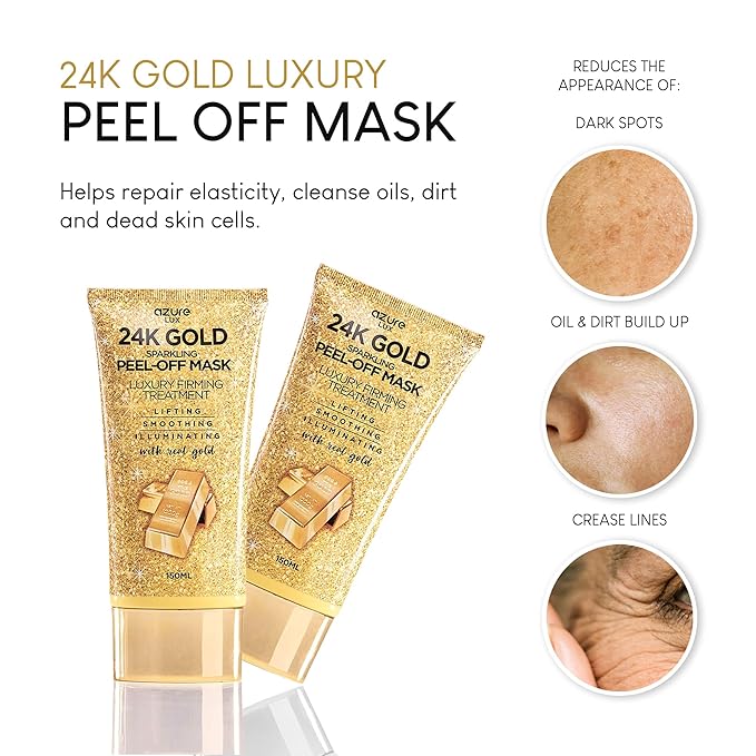 AZURE 24K Gold Firming Peel Off Face Mask- Anti Aging, Lifting, Illuminating & Revitalizing - Removes Blackheads, Dirt & Oils - With Hyaluronic Acid and Collagen - Skin Care - 150mL