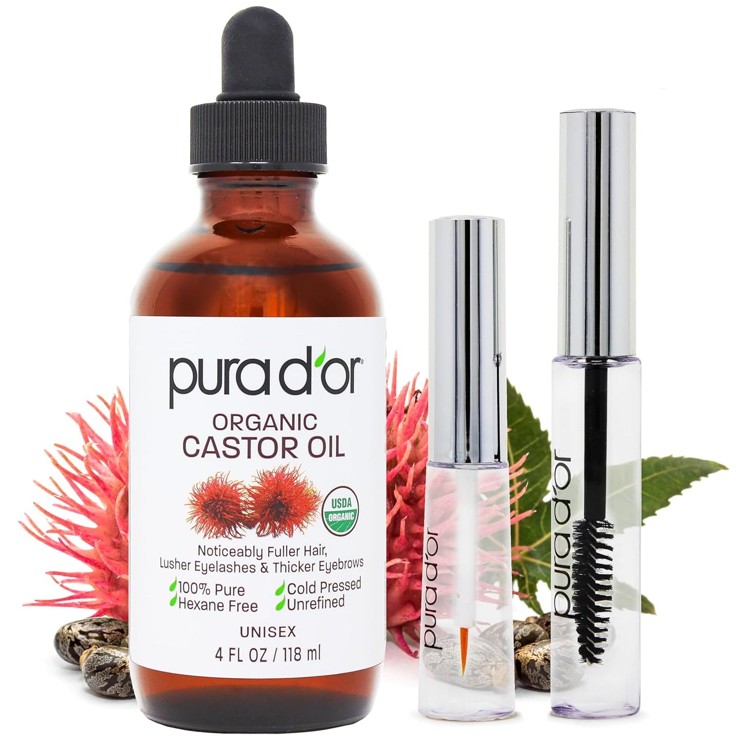 PURA D'OR 4 Oz ORGANIC Castor Oil - w/ 2 BONUS Empty Brushes - 100% Pure USDA Certified Cold Pressed, Hexane Free Eyelash & Eyebrow Serum - For Fuller, Thicker Lashes & Brows - Skin & Hair