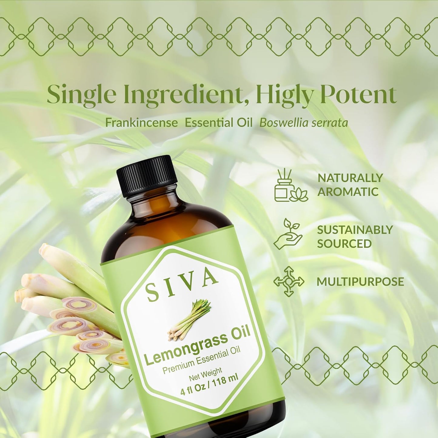 Siva Lemongrass Essential Oil - 4 Fl Oz – 100% Natural Lemongrass Oil - for Diffuser, Face, Skin Care, Aromatherapy, Hair Care, Scalp and Body Massage - with Dropper