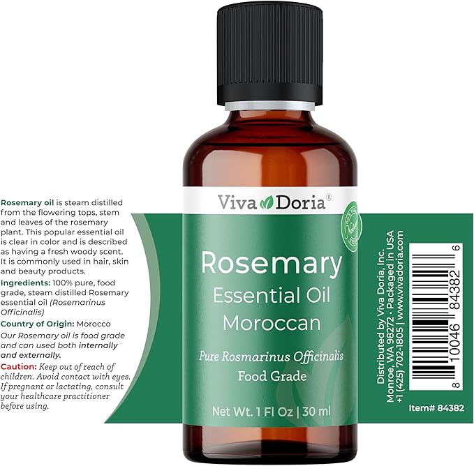 Viva Doria Rosemary Essential Oil, 100% Pure, Natural Essential Oil, Undiluted, for Aromatherapy | Food Grade, 30 mL (1 Fluid Ounce)