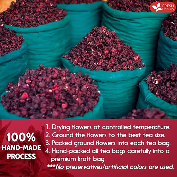 FreshDrinkUS, Premium 140 Hibiscus Flowers Tea Bags, 100% Natural, Handmade, Pure from Hibiscus Flowers. Loose Flower Hibiscus Herbal Tea. Hibiscus Flower Tea. No Sugar/Caffeine/Gluten, Vegan.