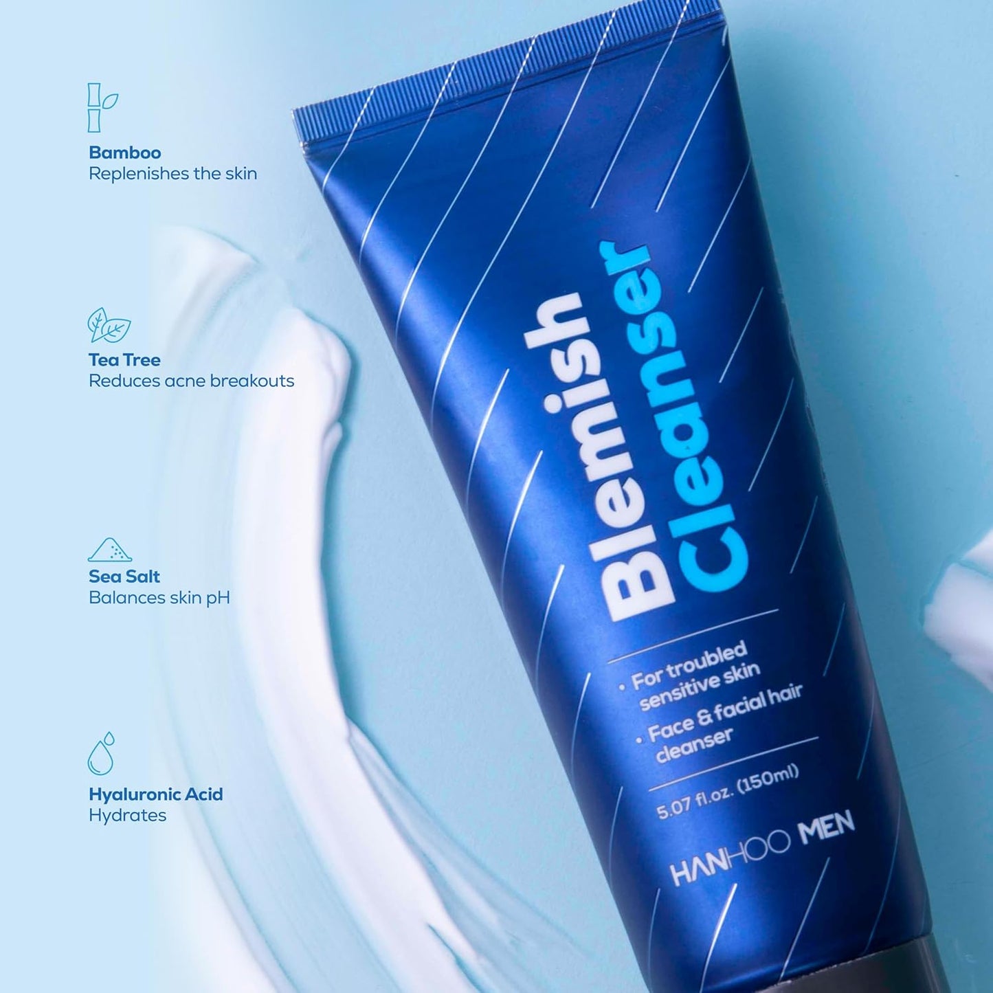Hanhoo Men’s Blemish Cleanser, 5.07 Fl. Oz., with Bamboo, Sea Salt, and Hyaluronic Acid, Daily Facial Cleanser, Clears Away Dirt and Oil, Pre-Shave Face Wash, For Acne-Prone Skin, Korean Skincare