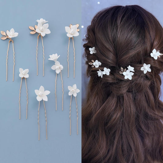 Handmade Bridal Wedding Hair Pins 7 Pcs Polymer Clay White Flower Hair Clips Gold Wedding Hair Accessories for Women Bride Bridesmaid