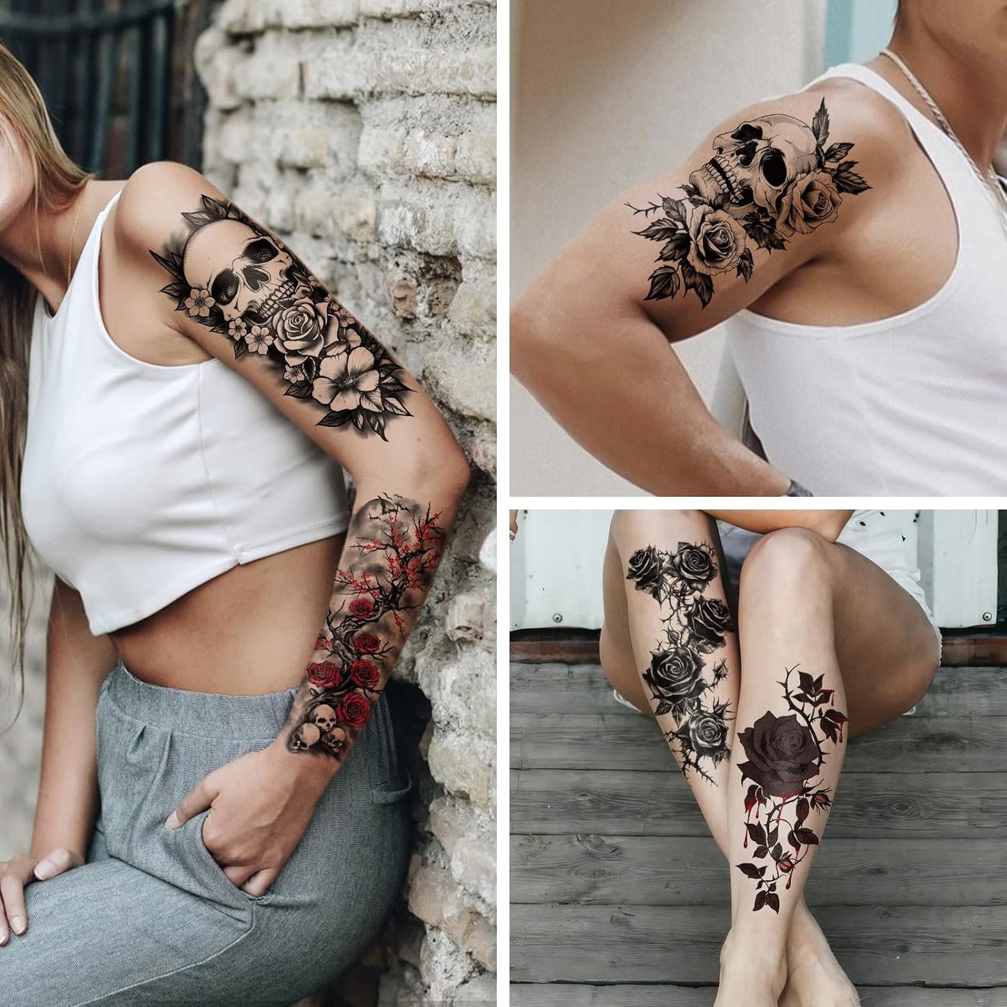 77 Sheets Flower Temporary Tattoos for Women, Weird Roses and Skulls Fake Tattoos, Waterproof Body Art Tattoo Stickers for Adults and Kids