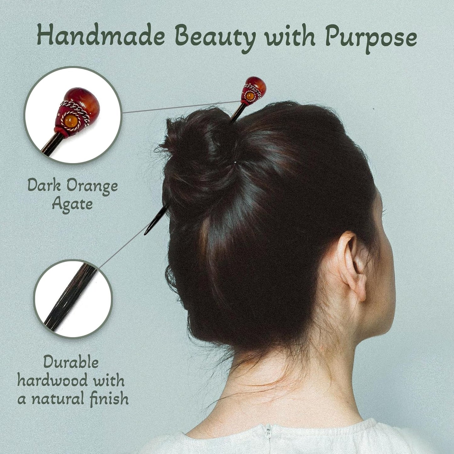 Mia Jewel Shop - Natural Tumbled Healing Gemstone Crystal Chonta Wooden Hair Sticks – Handmade Hair Sticks for Women | Hair Pins Boho Reiki Accessories, Fashion Gifts (Dark Orange Agate)