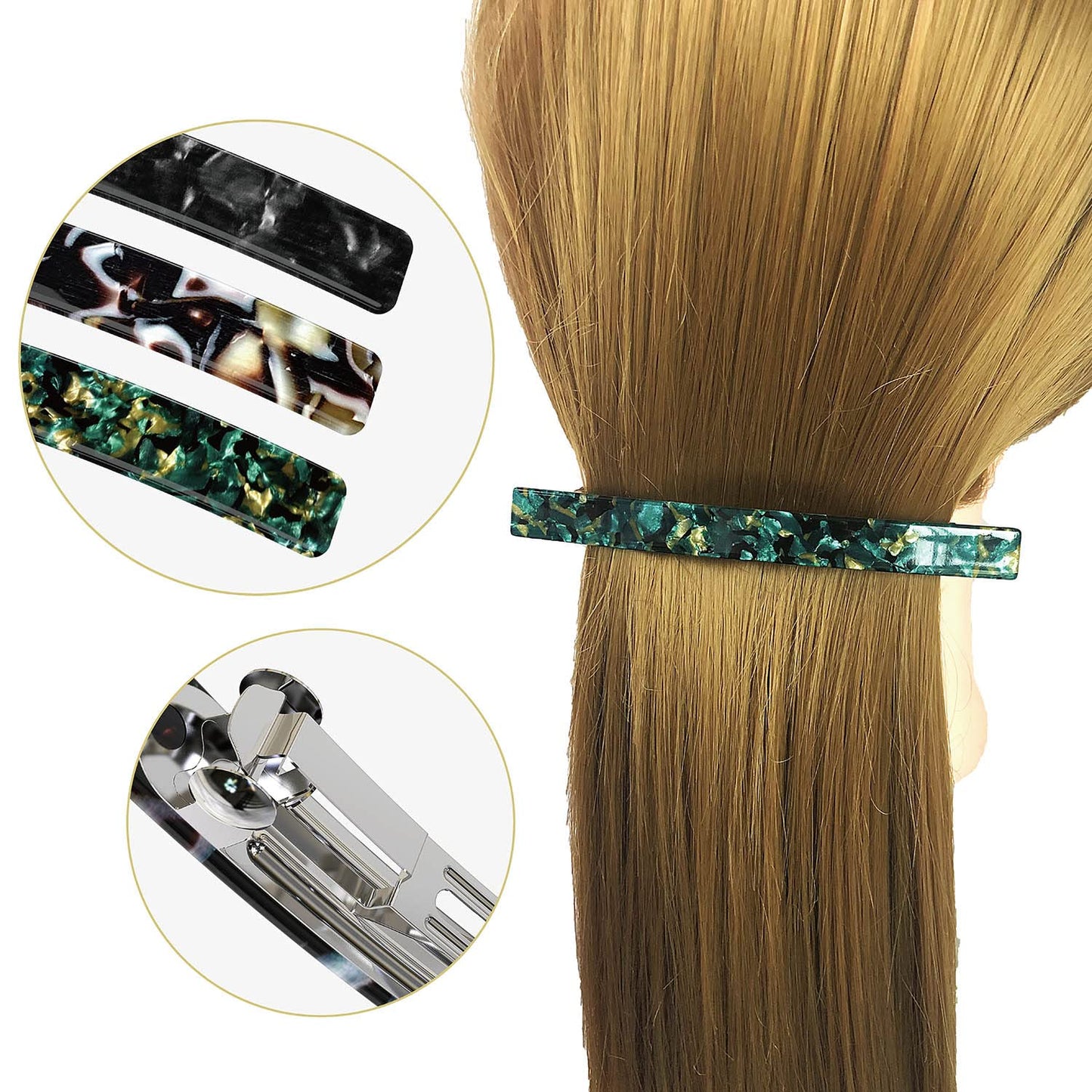 Long French Barrettes for Women Thin Thick Hair - Large 4 Inch Hair Clips Ponytail Clamp - Stylish Hair Accessories - 3Pcs (Black, Brown, Green)