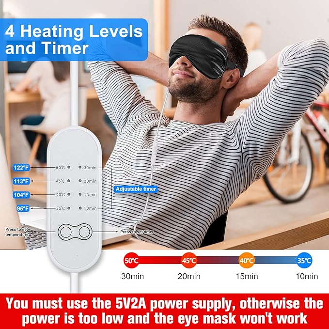 2 Pieces Silk Heated Eye Mask for Dry Eyes USB Steam Warm Compress for Puffy Eyes Adjustable Temp Sleep Eye Mask for Dry Eye, Chalazion, Blepharitis, Stye (Black, Grey)