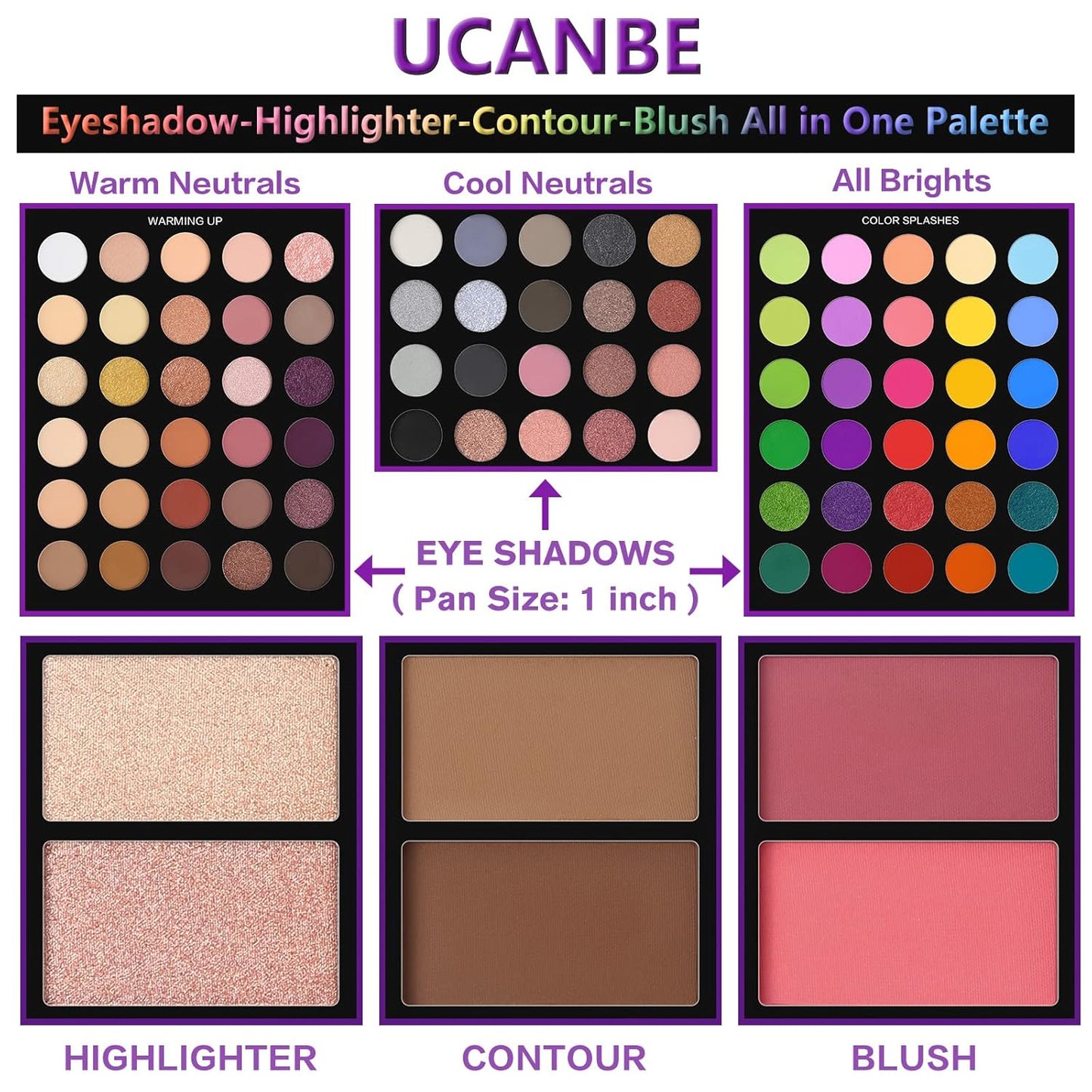 UCANBE Eyeshadow Palette with 15Pcs Brushes Makeup Set, Pigmented 86 Colors Make Up Sets Valentine's Gift, Matte Shimmer Glitter Eye Shadow Pallet Highlighter Contour Blush Powder Brush Beauty Kit