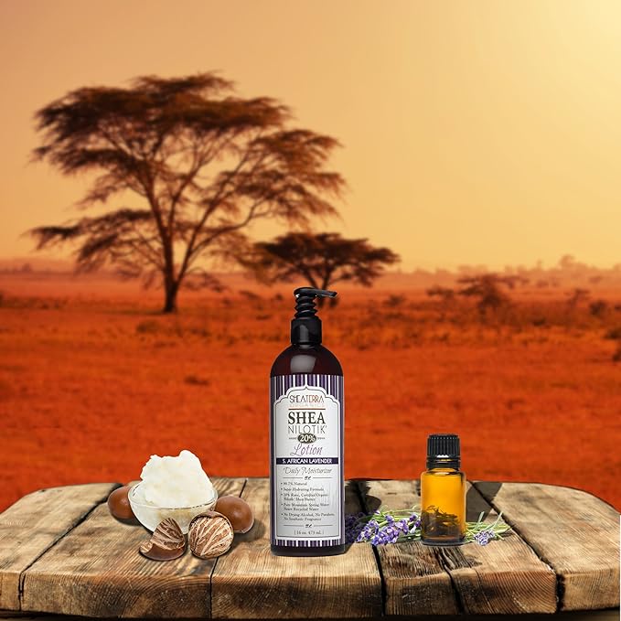 Shea Terra Organics Nilotik’ Shea Butter Ultra-Rich Lotion – S. African Lavender | Natural Daily Moisturizer that Offers Stress Relief & Skin Cell Rejuvenation with Antioxidants to Protect Skin– 16 oz